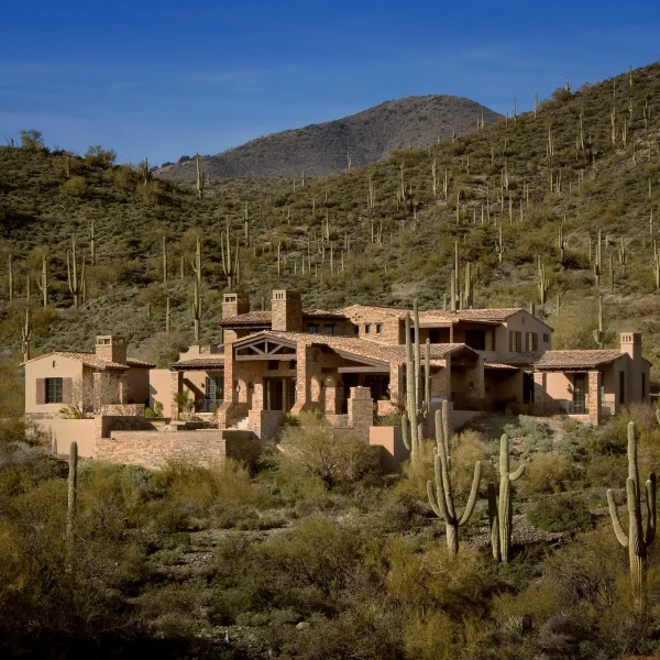 Desert hillside with numerous tall saguaro cacti and a tan stucco house at the base under a clear blue sky