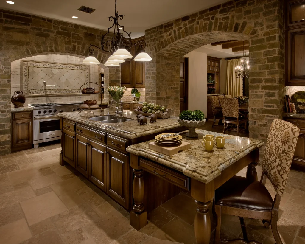 Stone-arched kitchen with dark wood cabinetry at Desert Mountain Serenity