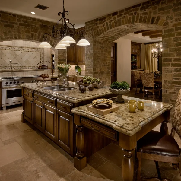 Rustic kitchen with stone arches, dark wood cabinets, and a granite island topped with bowls and a bouquet of flowers under a wrought-iron chandelier.